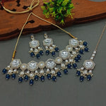 Elegant Kundan-Style Blue and White Necklace, Earrings, and Tikka Set, Traditional Indian Wedding Jewelry (Set of 2)