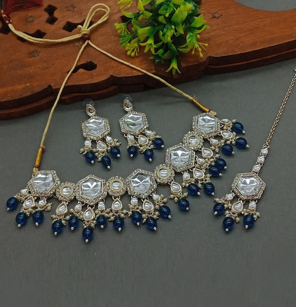 Elegant Kundan-Style Blue and White Necklace, Earrings, and Tikka Set, Traditional Indian Wedding Jewelry (Set of 2)