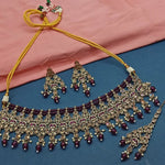 Wine Color Kundan Choker Necklace Set, Matching Earrings and Maang Tikka, Traditional Indian Wedding Jewelry (Set of 2)