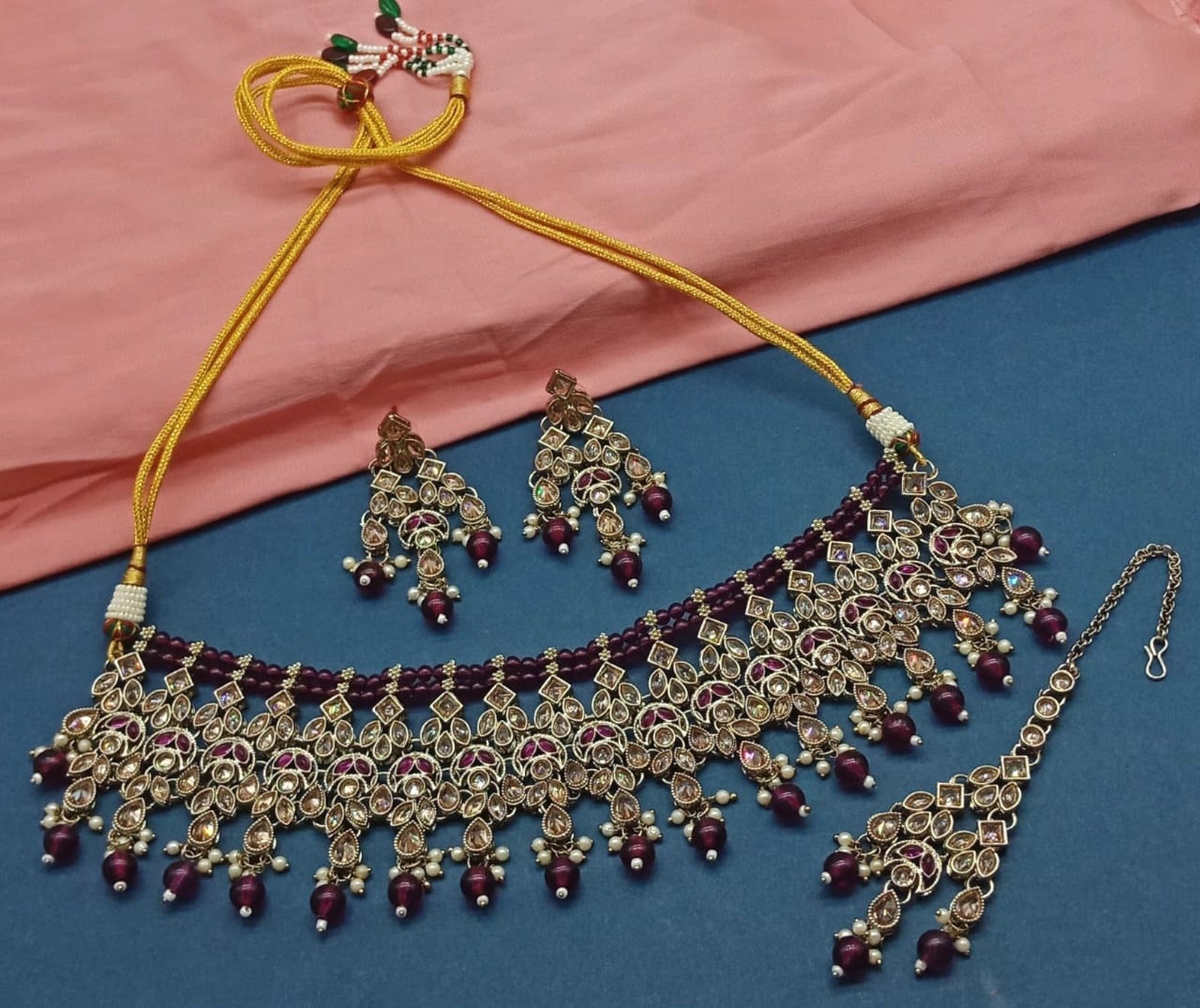 Wine Color Kundan Choker Necklace Set, Matching Earrings and Maang Tikka, Traditional Indian Wedding Jewelry (Set of 2)