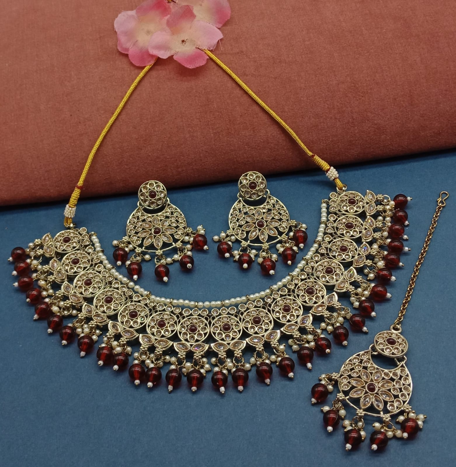 Elegant Wine and Gold Kundan Choker Necklace Set, Earrings and Maang Tikka, Traditional Indian Wedding Jewelry (Set of 2)