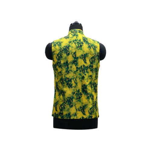 Vibrant Yellow Nehru Jacket with Green Abstract Print | Bold Sleeveless Vest for Weddings & Cultural Events