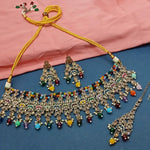 Multi Kundan Choker Necklace Set, Matching Earrings and Maang Tikka, Traditional Indian Wedding Jewelry (Set of 2)