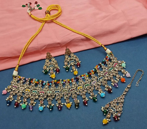 Multi Kundan Choker Necklace Set, Matching Earrings and Maang Tikka, Traditional Indian Wedding Jewelry (Set of 2)