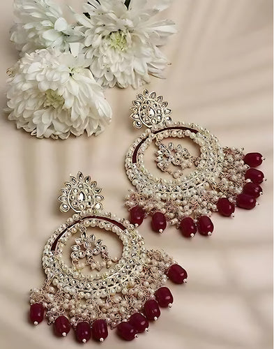 Luxury Kundan Pearl Chandbali Earrings, Ruby Drops  Traditional Wedding Statement Earrings, Traditional Indian Wedding Jewelry (Set of 1)