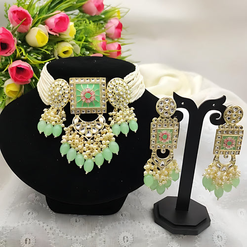 Regal Kundan Meena Necklace and Earrings Set, Mint Beads -Exquisite Indian Bridal Jewelry Collection, Traditional Indian Wedding Jewelry (Set of 2)