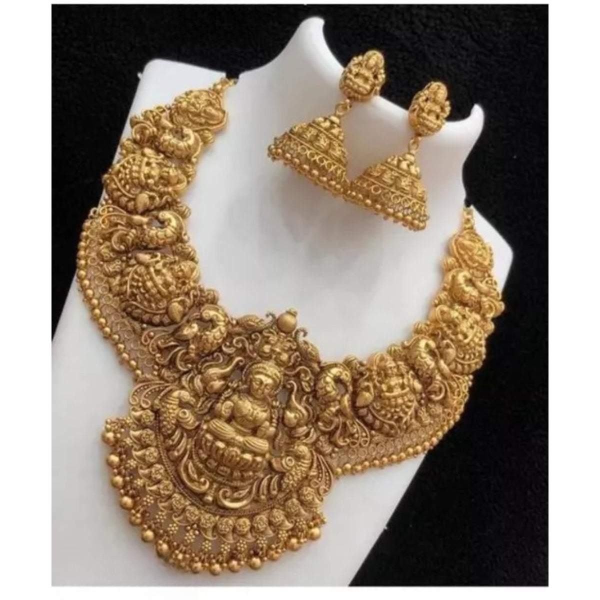 Antique Gold Temple Jewelry Set: Intricate Lakshmi Necklace, Jhumka Earrings, Traditional Indian Wedding Jewelry (Set of 2)