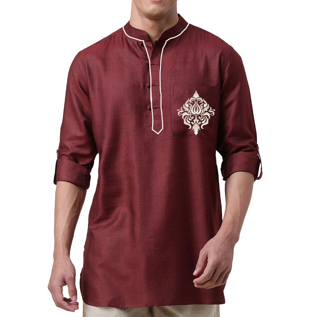 Embroidered Floral Kurta, Logo Loop Sleeve, Short Kurta, Men's Kerala Shirt, Cotton Kurta, Shirt for Traditional Wear (Size 40, Maroon)