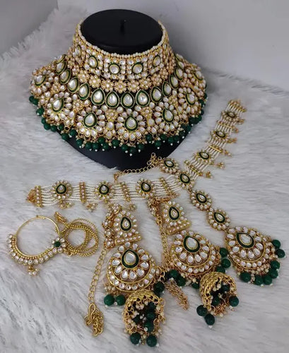 Luxurious Kundan Bridal Jewelry Set, Green Emerald Accents, Traditional Indian Wedding Jewelry (Set of 2)