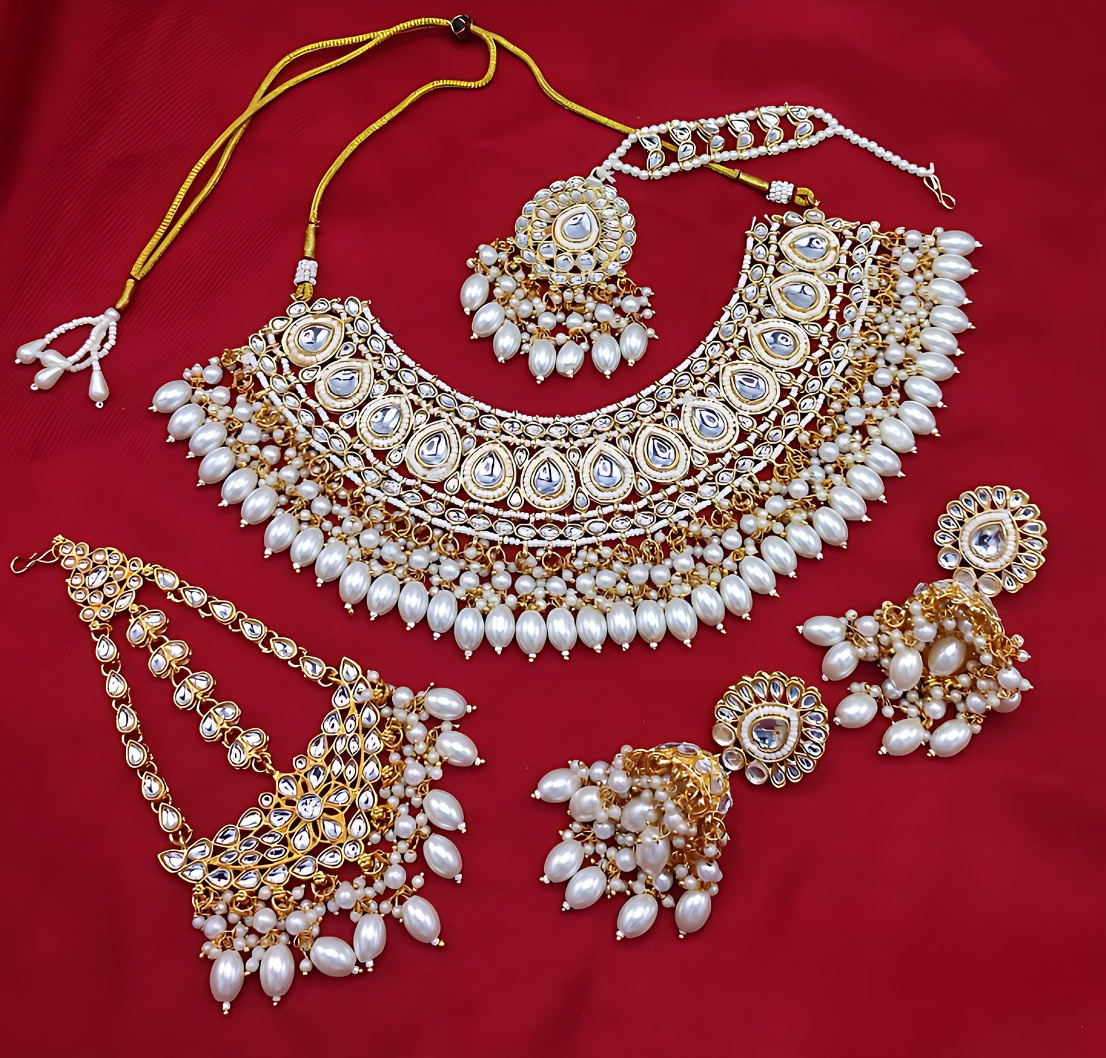 Luxurious White Color Kundan Bridal Necklace Set, Maang Tikka and Earrings, Traditional Indian Wedding Jewelry (Set of 3)