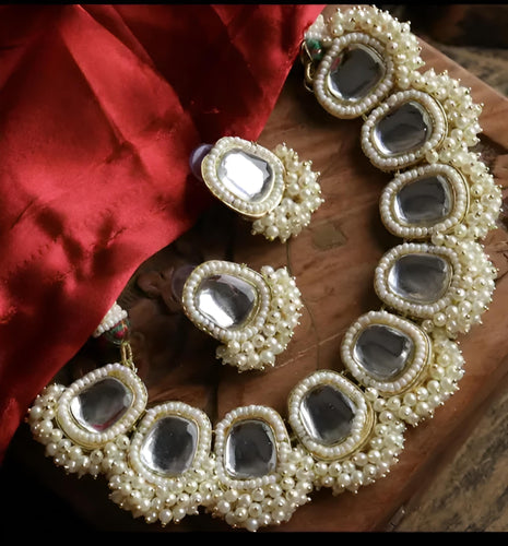 Regal Pearl and Crystal Necklace - Handcrafted Ethnic Bridal Jewelry, Traditional Indian Wedding Jewelry (Set of 2)