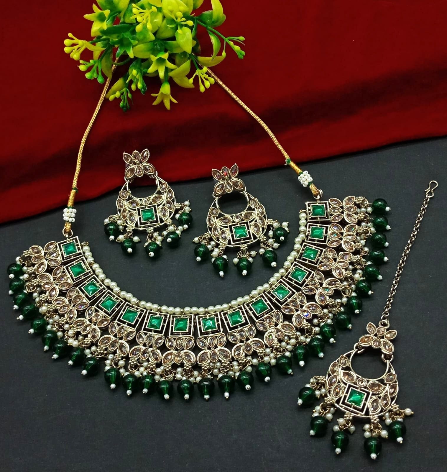 Exquisite Green Tone and Gold Kundan Jewelry Set, Pearl Accents, Traditional Indian Wedding Jewelry (Set of 2)