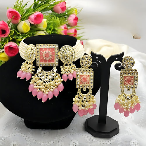 Regal Kundan Meena Necklace and Earrings Set, Pink Beads Exquisite Indian Bridal Jewelry Collection, Traditional Indian Wedding Jewelry (Set of 2)