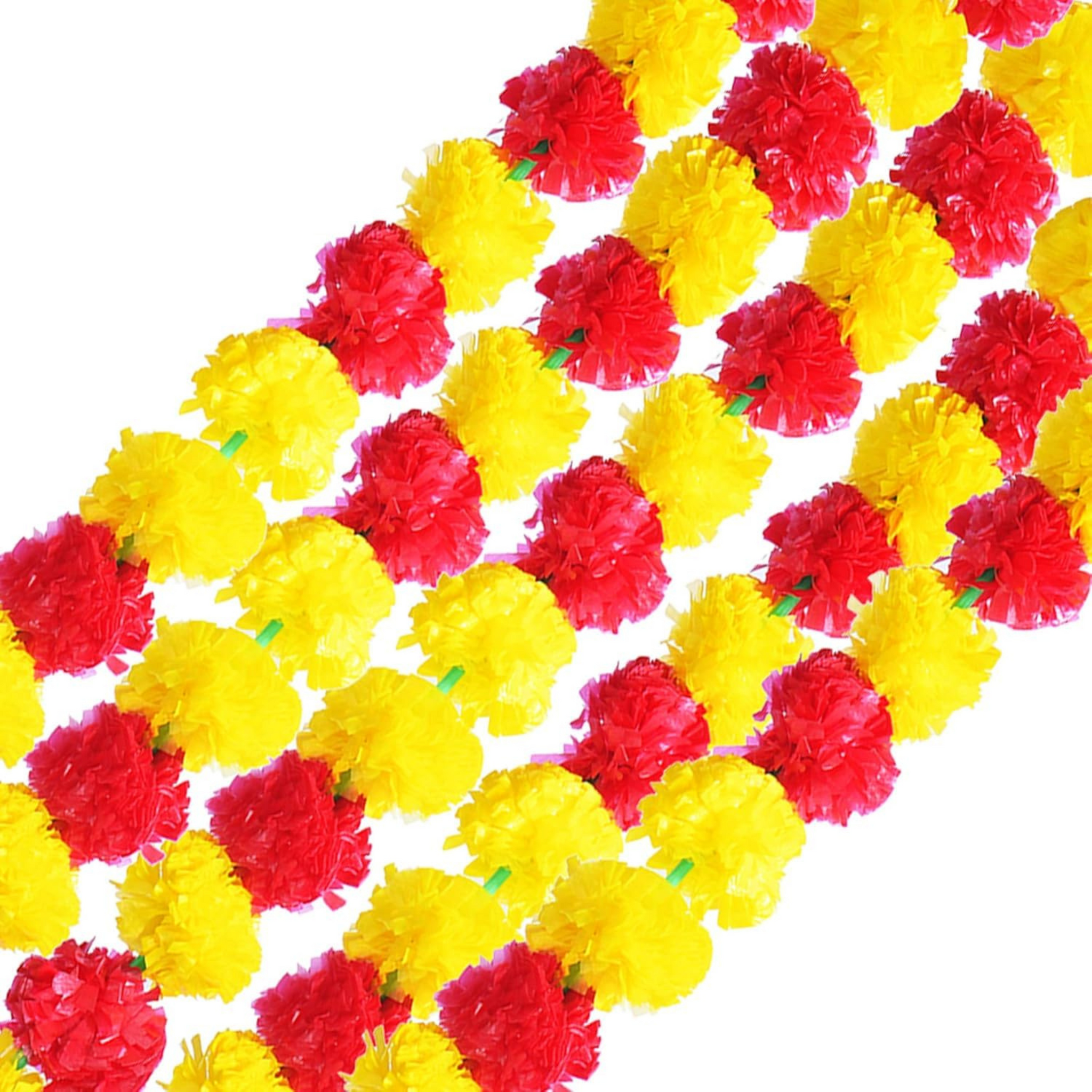 Marigold Garland for Festivals & Home Décor | Yellow & Red Artificial Flowers with 5-Foot Strands (Set of 5, 200g)