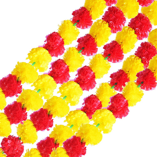 Marigold Garland for Festivals & Home DÃ©cor | Yellow & Red Artificial Flowers with 5-Foot Strands (Set of 5, 200g)