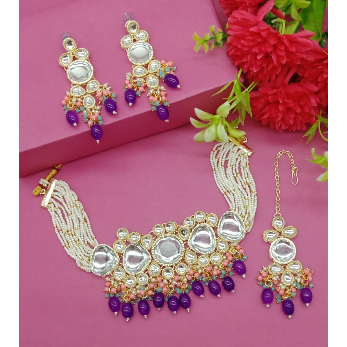 Royal Kundan Choker Set, Purple Drops Traditional Pearl String Necklace   Earrings & Maang Tikka, Traditional Indian Wedding Jewelry (Set of 2)