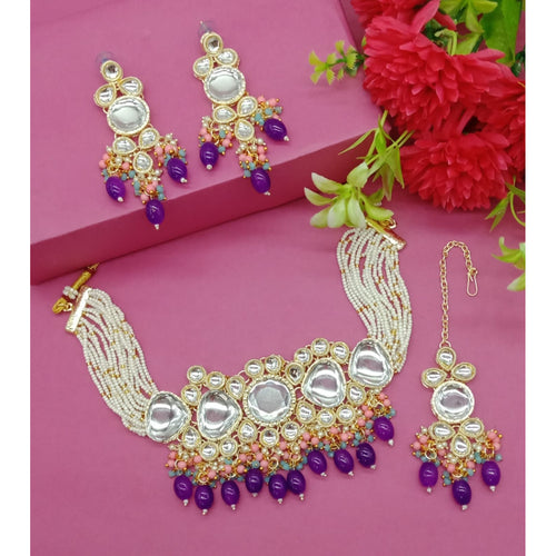 Royal Kundan Choker Set, Purple Drops Traditional Pearl String Necklace   Earrings & Maang Tikka, Traditional Indian Wedding Jewelry (Set of 2)