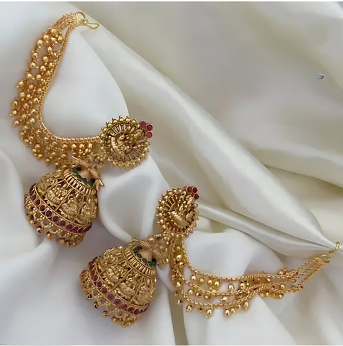 Antique Gold Temple Jhumka Earrings - Traditional South Indian Wedding Jewelry Set, Ear Chain, Traditional Indian Wedding Jewelry (Set of 1)