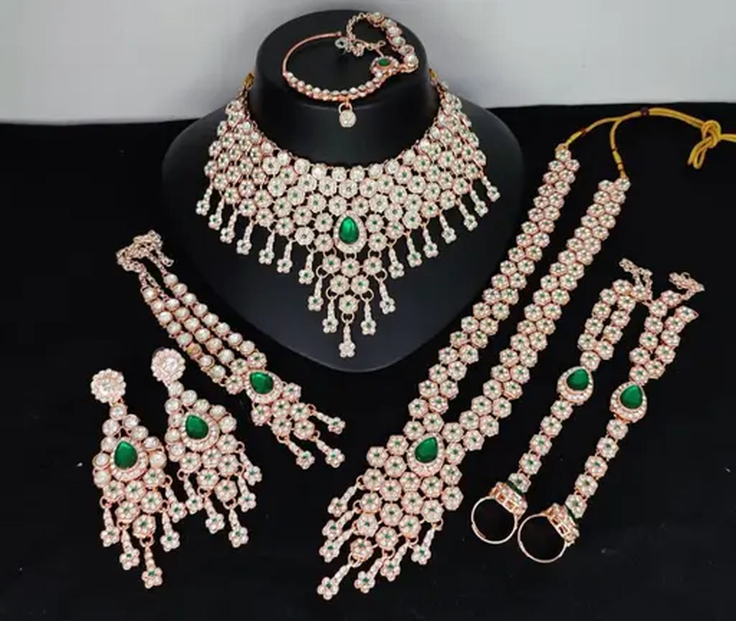 Emerald Green Bridal Jewelry Set - Premium AD Choker Set, Nath, Earrings & Hand Chain - Handcrafted Wedding Collection Kundan Style, Traditional Indian Wedding Jewelry (Set of 4)