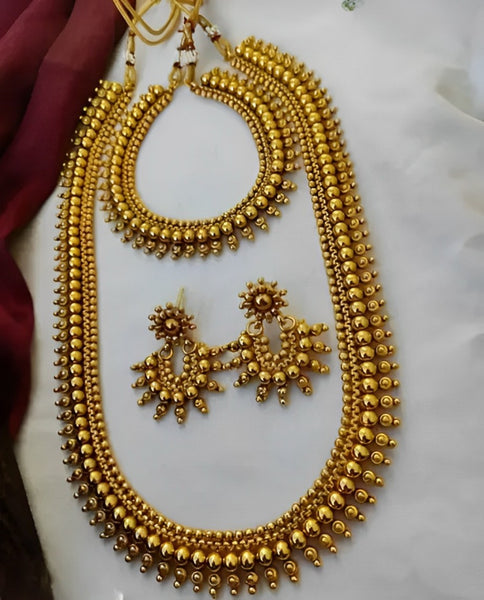 Traditional Gold-Plated Kolhapuri Saaj Necklace Set, Matching Earrings, Traditional Indian Wedding Jewelry (Set of 2)