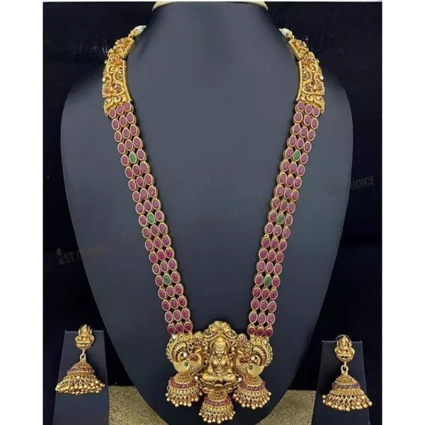 Traditional Lakshmi Temple Jewellery Set - Antique Red Green Stone Long Necklace, Jhumka Earrings, Traditional Indian Wedding Jewelry (Set of 2)