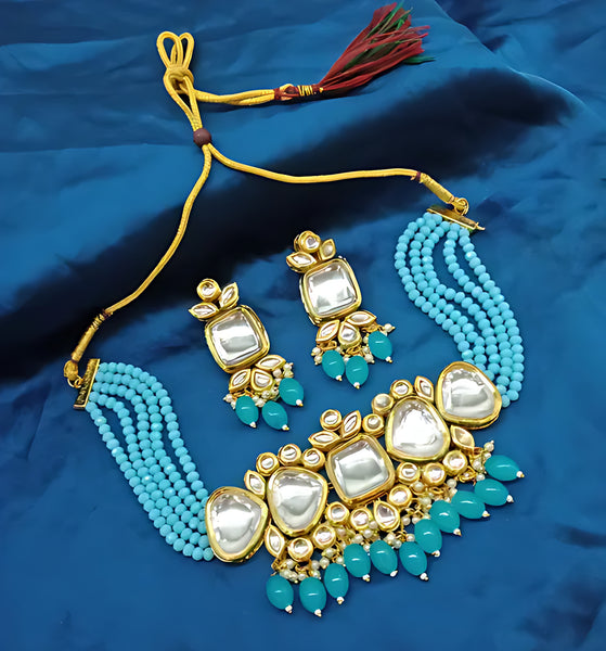 Kundan Turoquise Beaded Necklace Set - Traditional Multi-Strand Jewelry, Turquoise Beads and Mirror Work, Traditional Indian Wedding Jewelry (Set of 2)