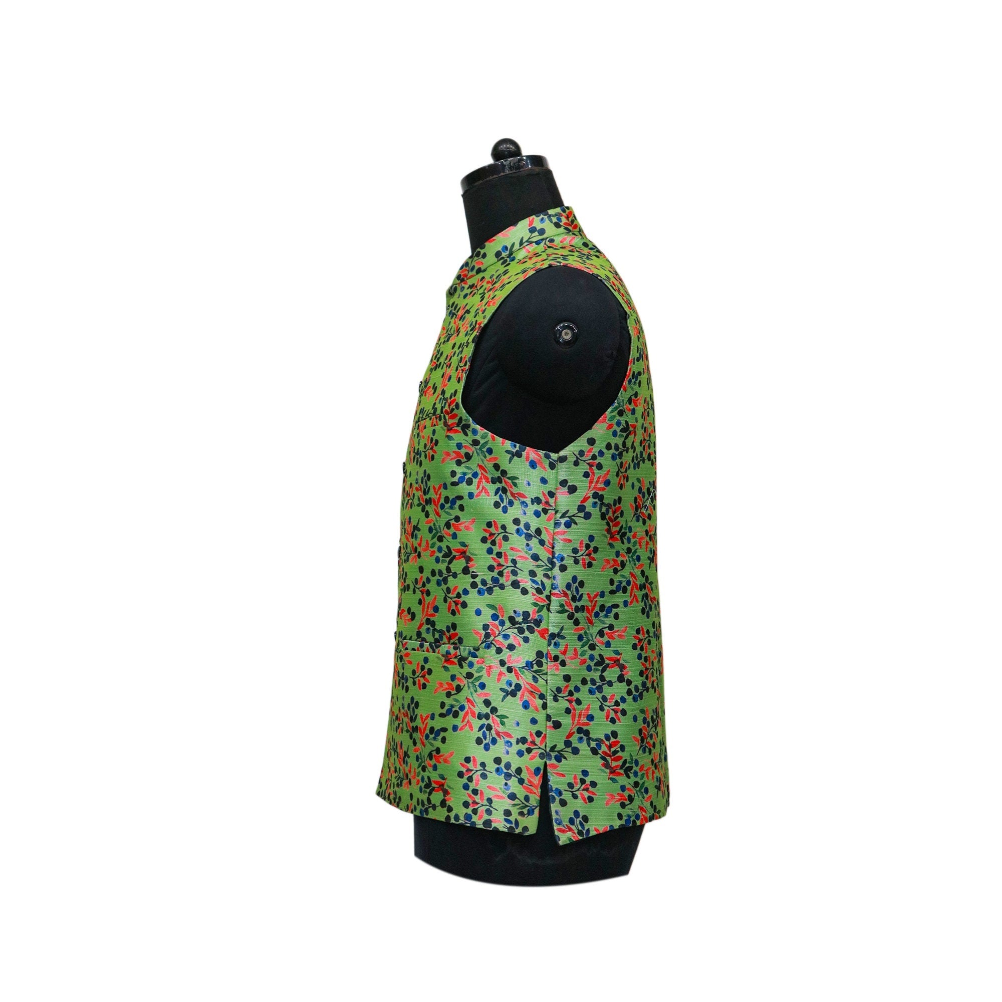 Green floral Nehru jacket, side view on mannequin. Handmade vintage style, perfect for ethnic events or as a gift.