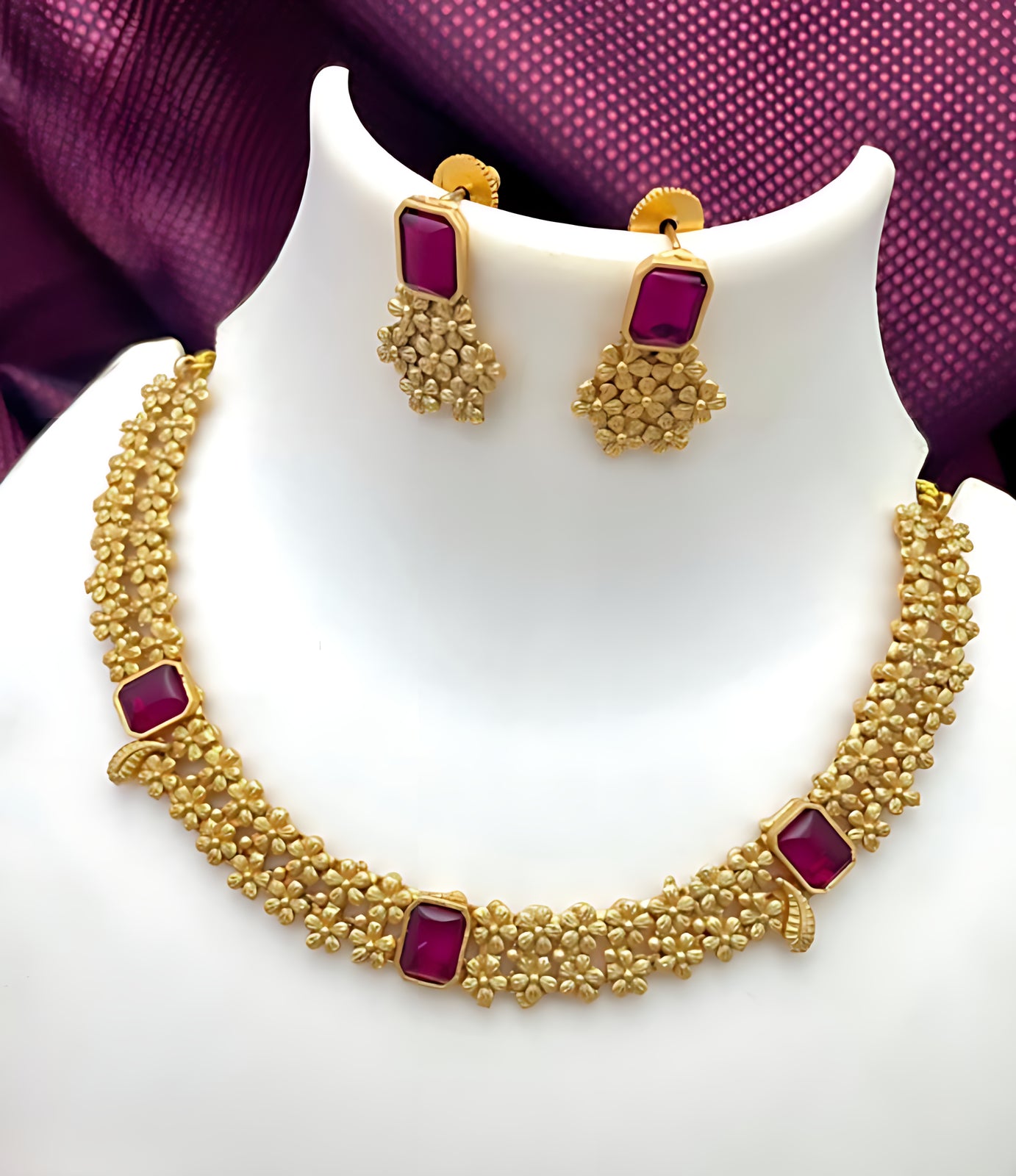 Designer Gold Floral Necklace Set, Ruby Stones Elegant Matt Gold Finish Jewelry Set for Women, Traditional Indian Wedding Jewelry (Set of 2)