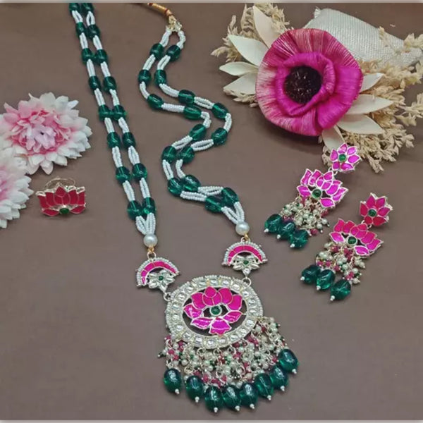 Elegant Lotus-Inspired Green and Pink Beaded Necklace and Earring Set, Traditional Indian Wedding Jewelry (Set of 2)