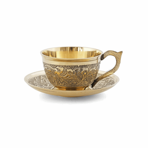 Brass Tea Cup and Saucer Set with Royal Finish | Handcrafted Brass Coffee Cups for Kitchen (Set of 6)