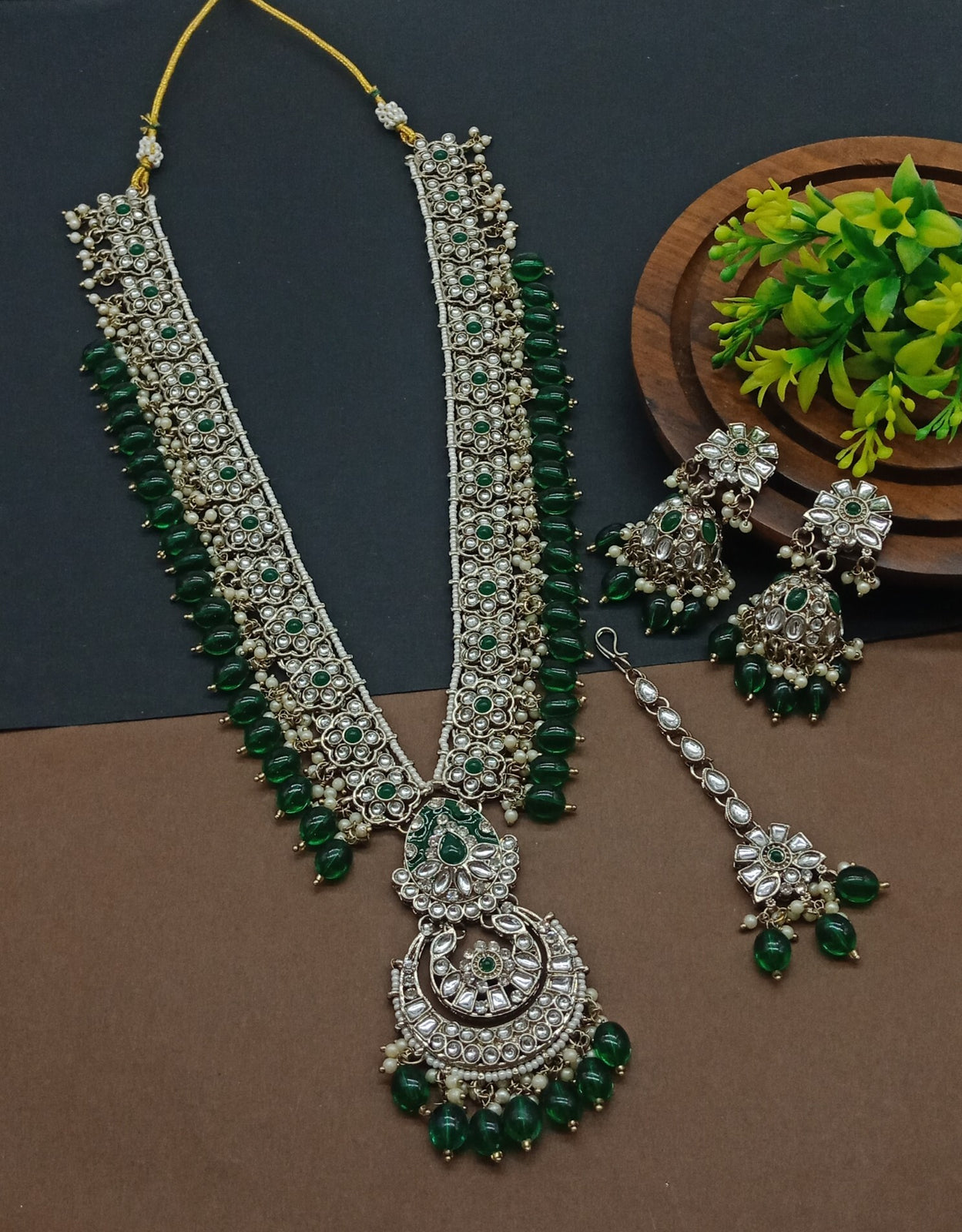 Long Necklace Set, Emerald Green Beads - Traditional Indian Wedding Jewelry, Earrings & Tikka, Traditional Indian Wedding Jewelry (Set of 2)