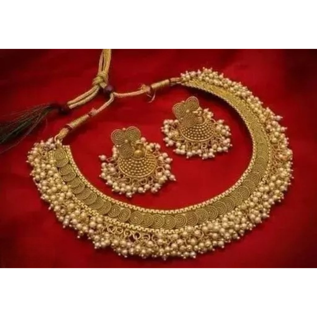 Antique Gold Plated Temple Choker Necklace Set, Pearls – Traditional Indian Bridal Jewelry, Traditional Indian Wedding Jewelry (Set of 2)