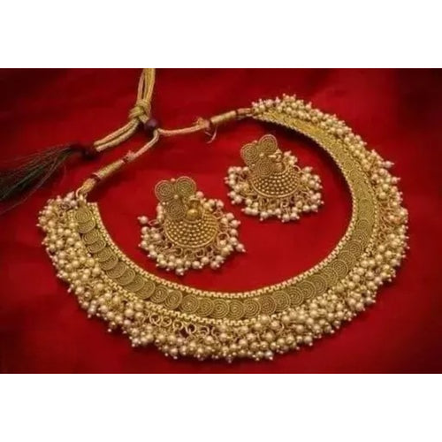 Antique Gold Plated Temple Choker Necklace Set, Pearls â€“ Traditional Indian Bridal Jewelry, Traditional Indian Wedding Jewelry (Set of 2)