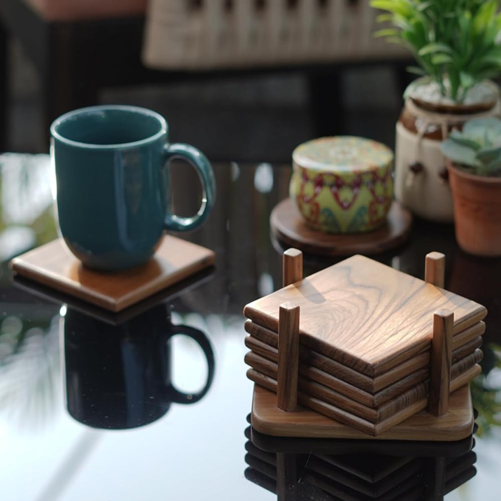 old trunk | Square Wooden Coasters (Set of 6 with 1 Coaster Stand) | Handcrafted | Premium Valsadi Teak Wood | Home and Kitchen Accessories | Dining Table Decorative (Brown, 4inch)