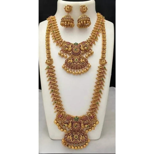 Elegant Gold-Plated Bridal Jewelry Set, Red and Green Accents, Traditional Indian Wedding Jewelry (Set of 2)