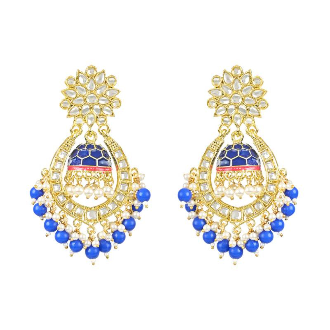 Royal Blue and Gold-Plated Kundan Chandbali Earrings – Traditional Indian Jhumka Earrings, Pearls, Traditional Indian Wedding Jewelry (Set of 1)