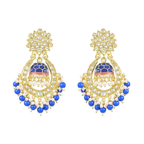 Royal Blue and Gold-Plated Kundan Chandbali Earrings â€“ Traditional Indian Jhumka Earrings, Pearls, Traditional Indian Wedding Jewelry (Set of 1)