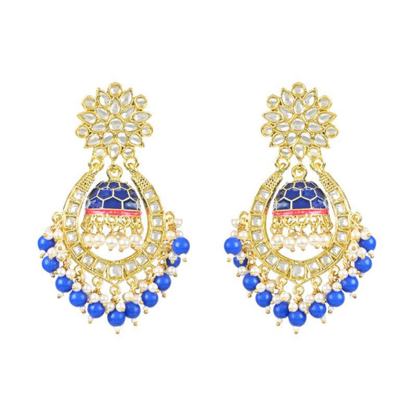 Royal Blue and Gold-Plated Kundan Chandbali Earrings – Traditional Indian Jhumka Earrings, Pearls, Traditional Indian Wedding Jewelry (Set of 1)