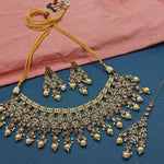 Antique Gold Kundan Choker Set, Pearl Drops and Maang Tikka, Traditional Indian Wedding Jewelry (Set of 2)