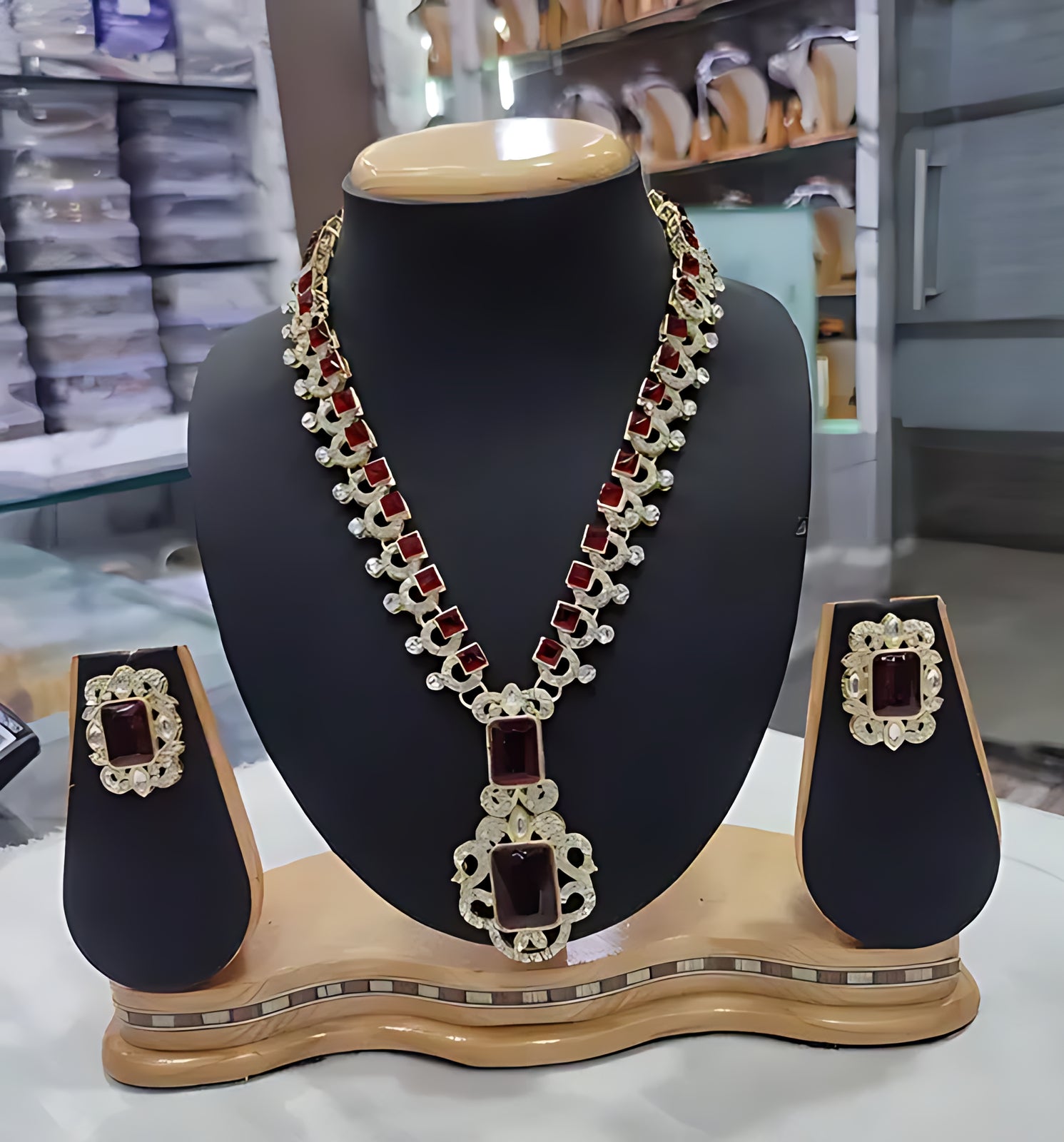 Elegant Maroon and Silver Statement Necklace Set, Matching Earrings, Traditional Indian Wedding Jewelry (Set of 2)