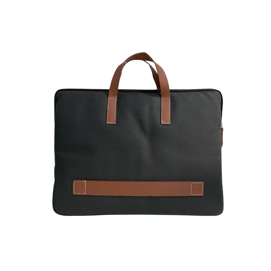 Black laptop bag with faux leather handle and accent, fits laptops up to 15.6 inches.