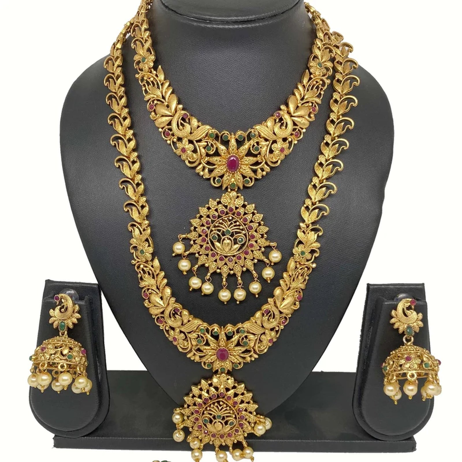 Traditional Gold-Plated Long Necklace Set, Earrings – Handcrafted Ethnic Bridal Jewelry for Weddings & Festive Occasions, Traditional Indian Wedding Jewelry (Set of 3)