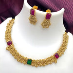 Designer Gold Floral Necklace Set, Ruby Green Stones Elegant Matt Gold Finish Jewelry Set for Women, Traditional Indian Wedding Jewelry (Set of 2)