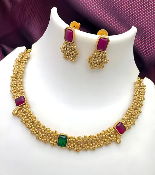 Designer Gold Floral Necklace Set, Ruby Green Stones Elegant Matt Gold Finish Jewelry Set for Women, Traditional Indian Wedding Jewelry (Set of 2)