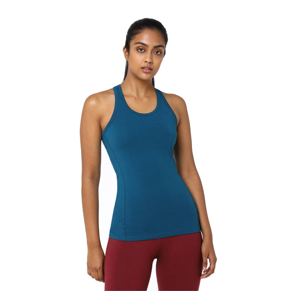 Chin Fitted Racer Back Tank with Organic Cotton | Women's Racerback Yoga Top with Semi-Snug Fit & Reinforced Seams | Seaport Blue