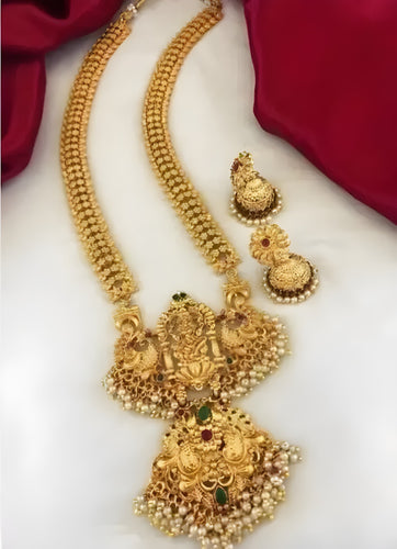 Exquisite  Gold Plated Goddess Pendant Necklace and Earring Set - Handcrafted Ethnic Jewelry, Traditional Indian Wedding Jewelry (Set of 2)