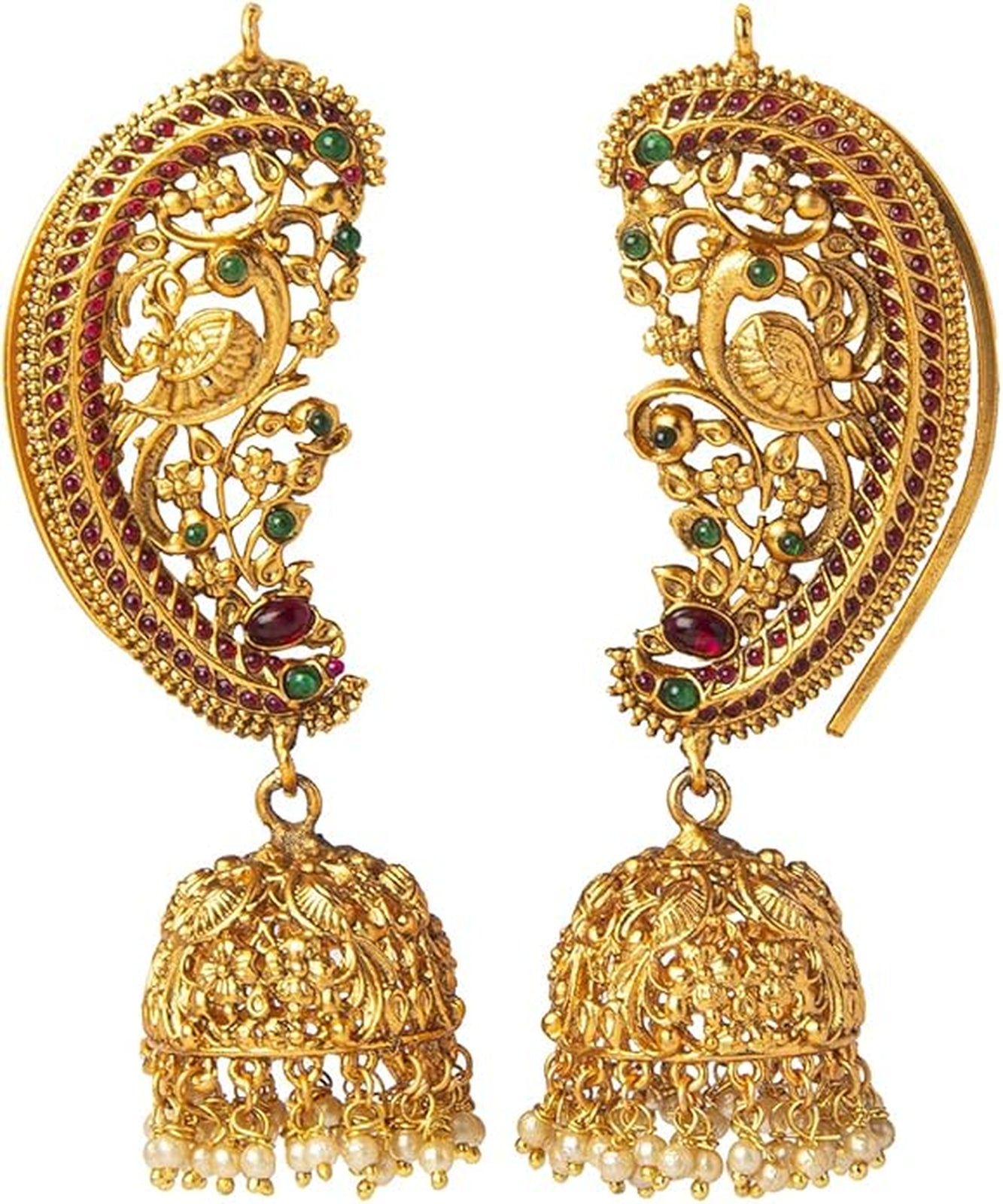 Exquisite Gold-Plated Peacock Jhumka Earrings, Ruby and Emerald Accents, Traditional Wedding Earrings (Set of 1)