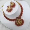 Traditional Gold-Plated Peacock Necklace Set, Red Beads and Matching Earrings, Traditional Indian Wedding Jewelry (Set of 2)