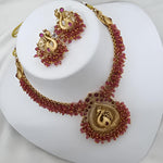 Traditional Gold-Plated Peacock Necklace Set, Red Beads and Matching Earrings, Traditional Indian Wedding Jewelry (Set of 2)