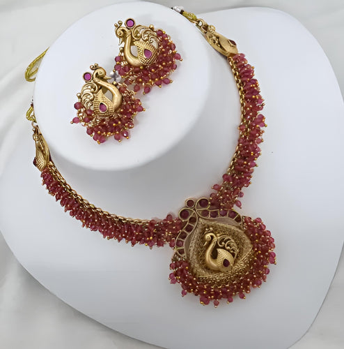 Traditional Gold-Plated Peacock Necklace Set, Red Beads and Matching Earrings, Traditional Indian Wedding Jewelry (Set of 2)